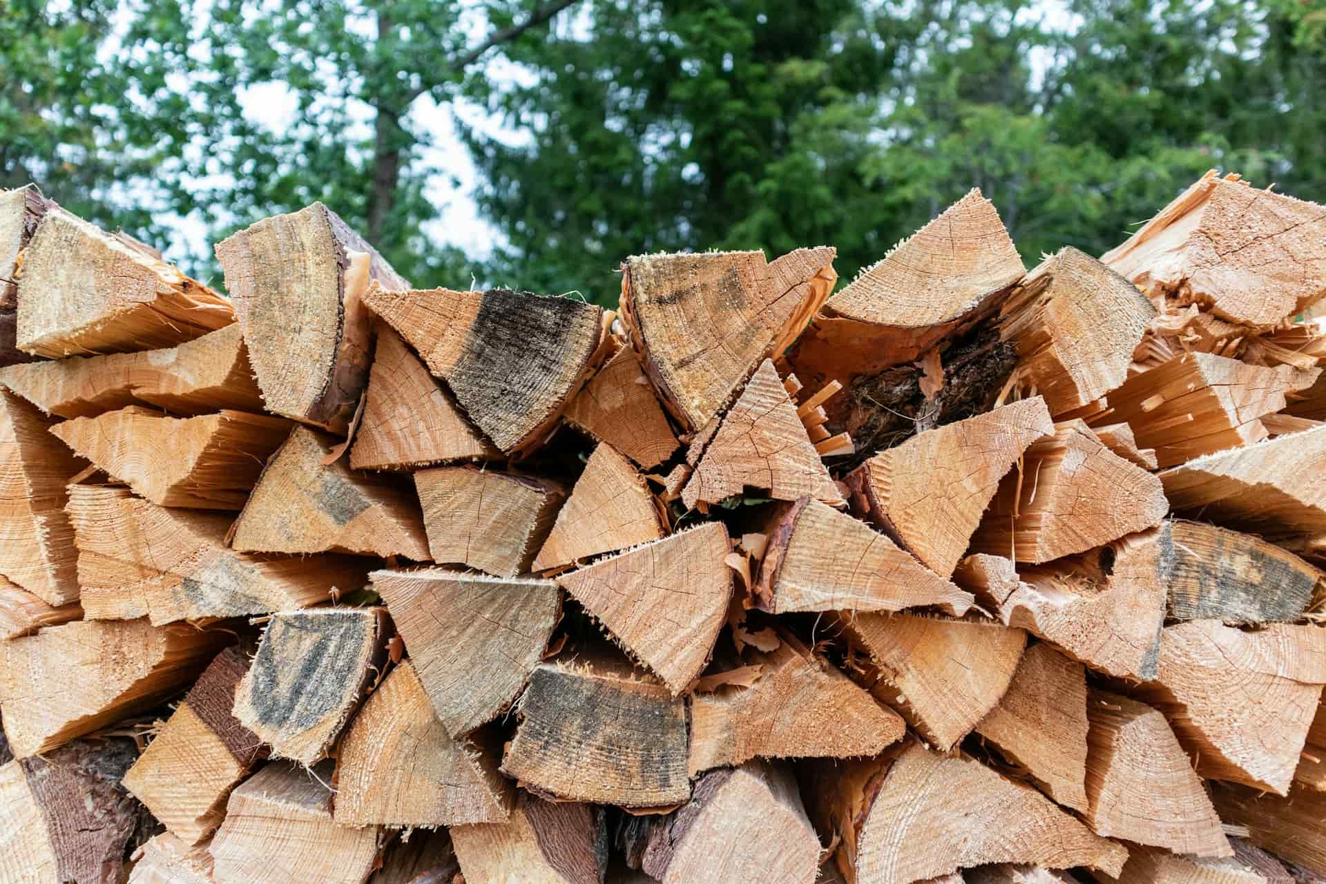 Neatly stacked kiln-dried hardwood logs ready for use in a wood burning stove
