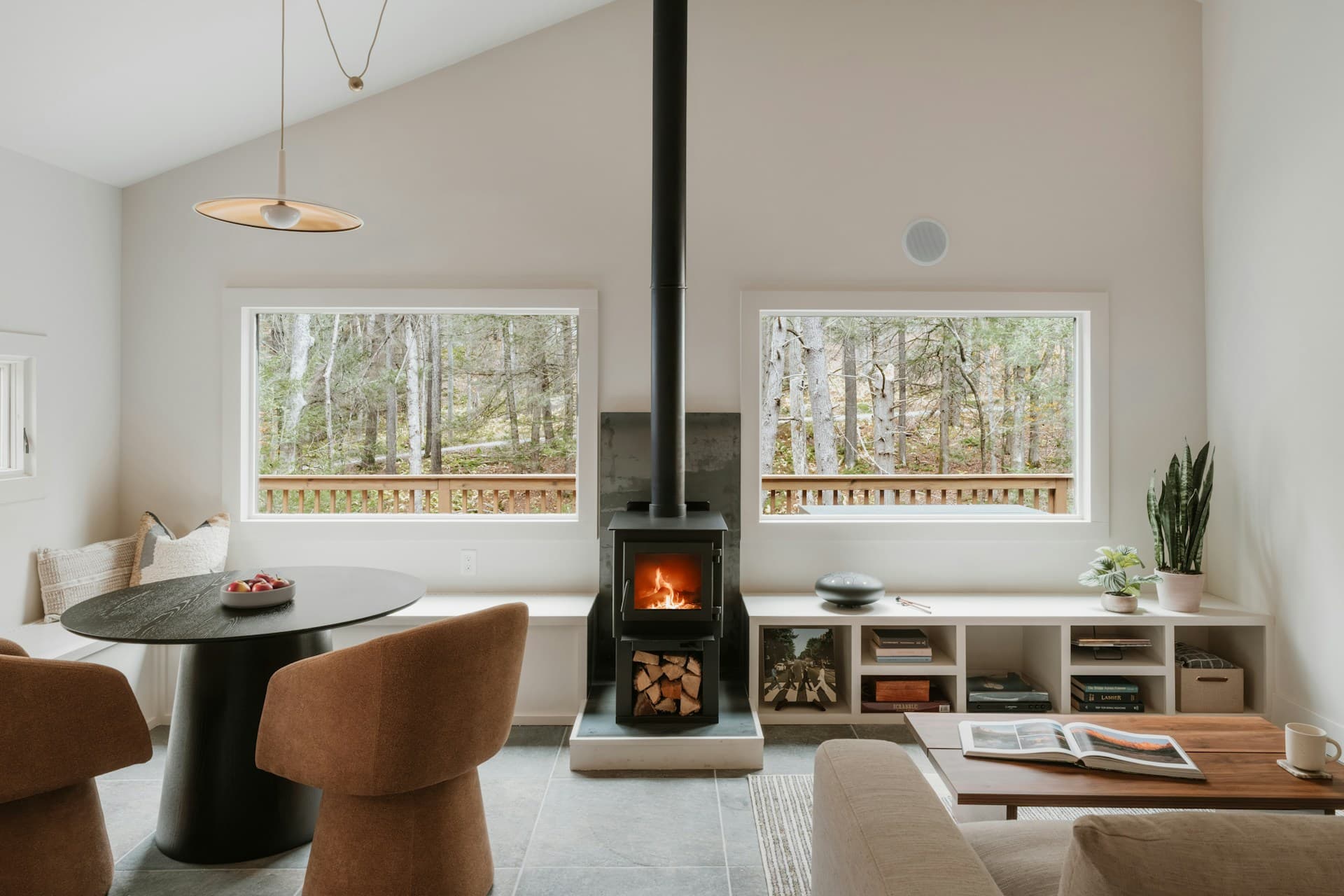 A modern freestanding wood burning stove in a contemporary UK living room